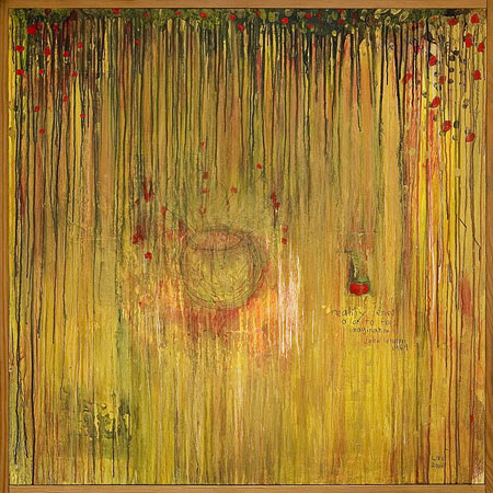 Abstract gold drip painting on wood