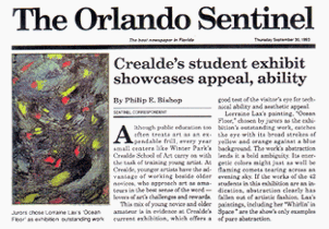 Sept 30, 1993 edition of The Orlando Sentinel; Art section cover article titled Crealde's student exhibit showcases appeal, ability