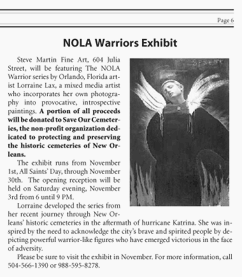 September - October 2007 edition of SOCGram by Save Our Cemeteries; article titled NOLA Warriors Exhibit